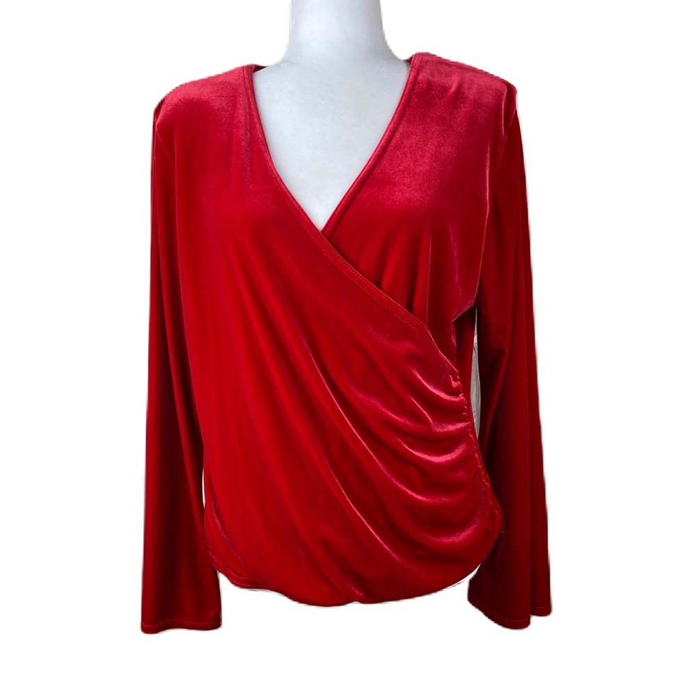 VTG MSK Women Red Velvet long sleeve wrap top side gathered shoulder pads 1X